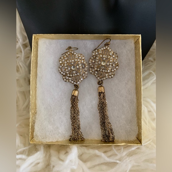 Gold Tone Dangling Jeweled Tassel Drop Earrings - Picture 9 of 10